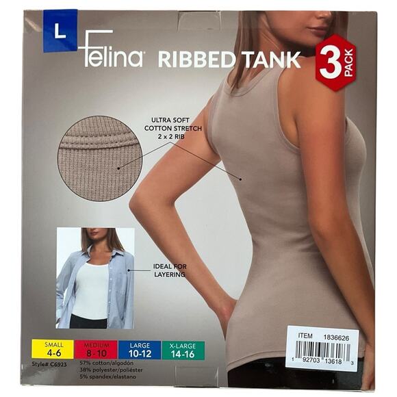 Felina Ribbed Tank 3-Pack Tan White Black Layering Size Large NIB - Picture 2 of 6